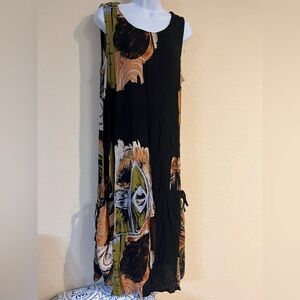 Elegant Water Lily Abstract Maxi Dress in Black Orange and Green